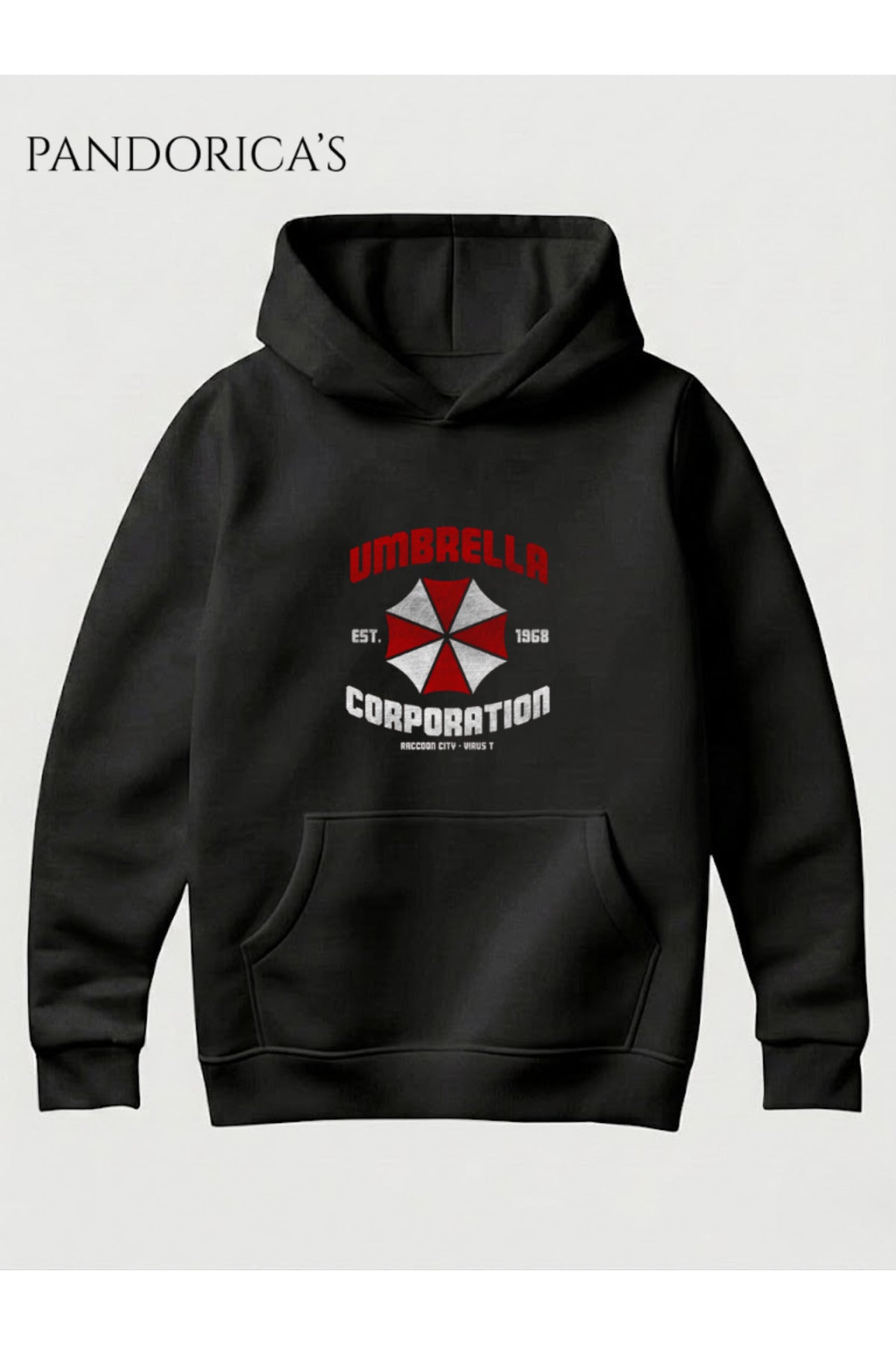Siyah Resident Evil "Umbrella Corporation T-Virus" Tasarımı Yazılı Baskılı Unisex Kapüşonlu Pamuklu Gamer Sweatshirt Hoodie - 42
