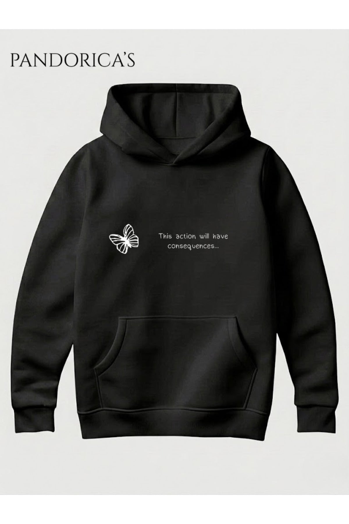 Siyah Life Is Strange Tasarımı "This Action Will Have Consequences..." Yazılı Kelebek Baskılı Unisex Kapüşonlu Pamuklu Sweatshirt Hoodie - 168