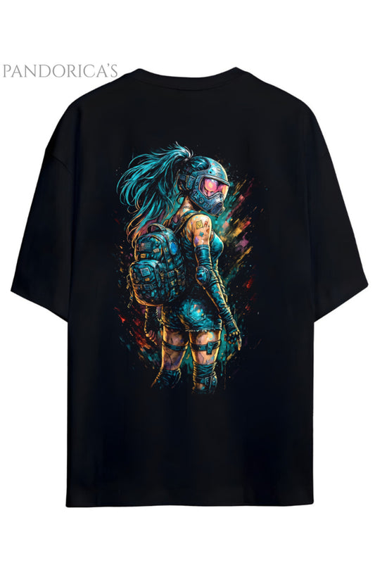 Cyberpunk Street Style Serisi Sırt Baskılı Pamuklu Relaxed Kalıp Siyah Unisex Tişört