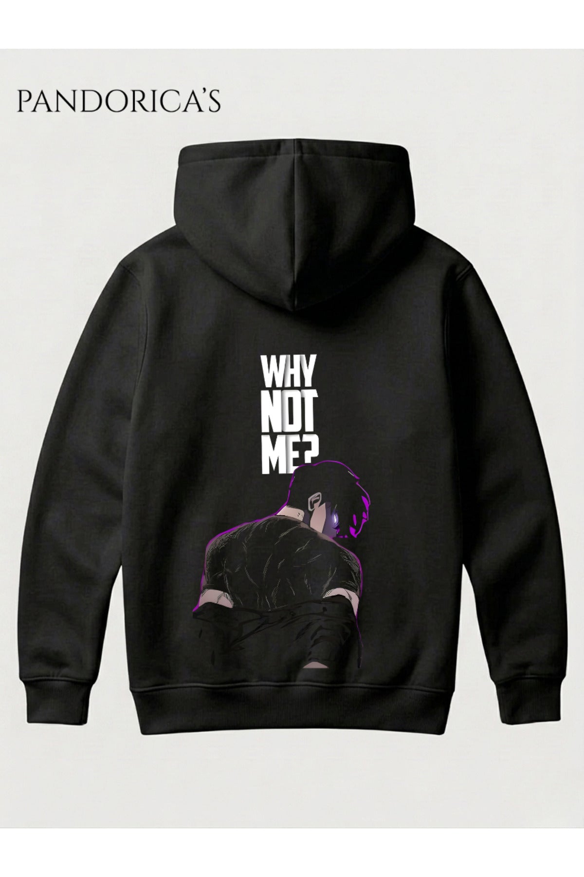 Solo Leveling Anime Sung Jinwoo Tasarımı" Why Not Me?" İkonik Replik Yazılı Sırt Baskılı Unisex Kapüşonlu Pamuklu Sweatshirt Hoodie