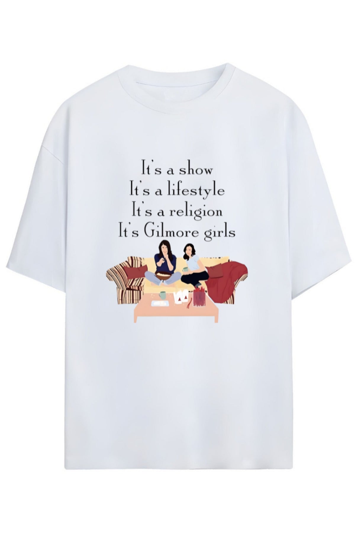 Beyaz Gilmore Girls Tasarım Serisi Lorelai Ve Rory Yazılı Baskılı Relaxed Kalıp Pamuklu Unisex Tişört - 97