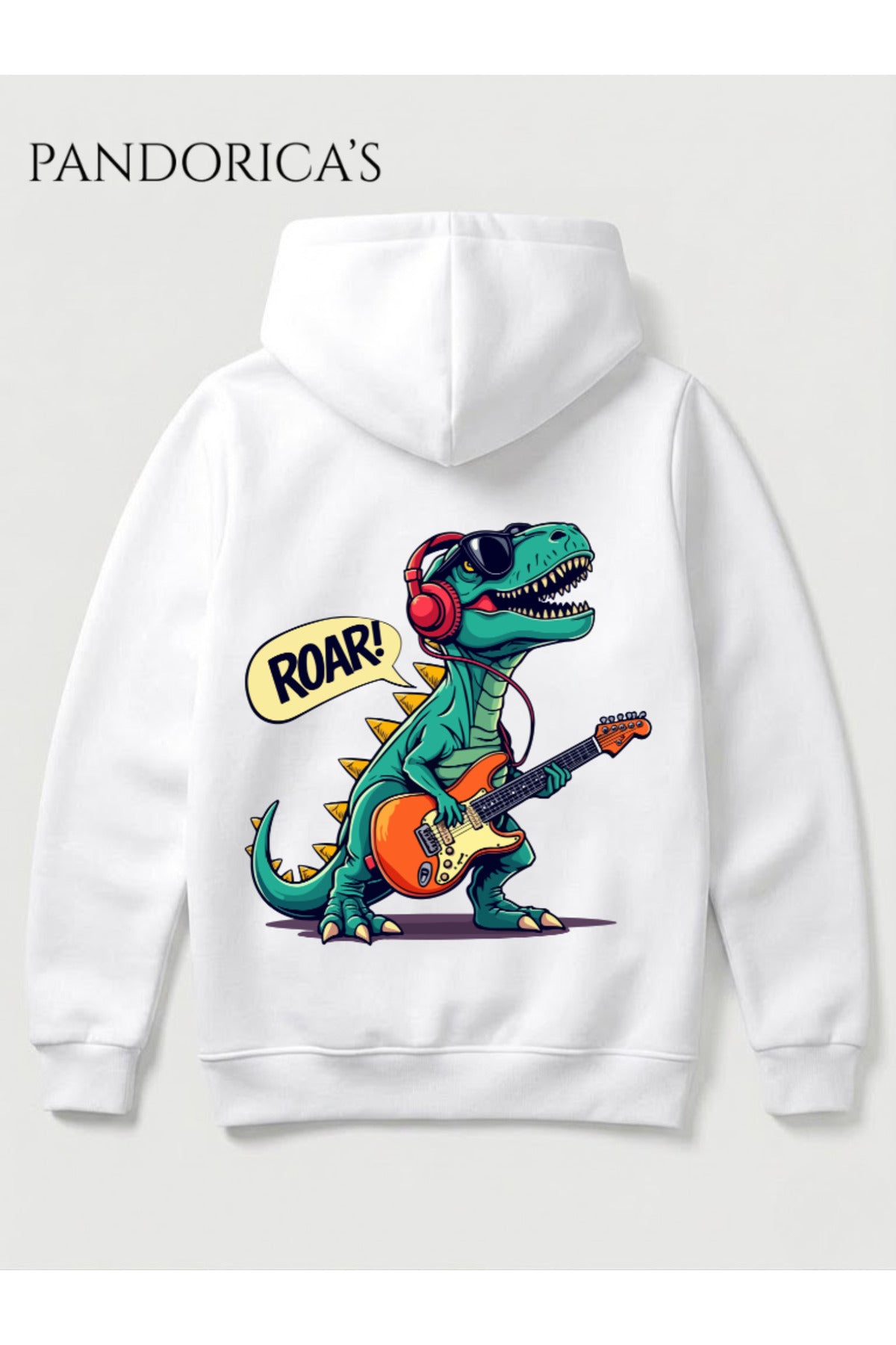 Beyaz Dino Tasarım Serisi "Roar Star" Yazılı Sırt Baskılı Unisex Kapüşonlu Pamuklu Sweatshirt (Hoodie) - 13