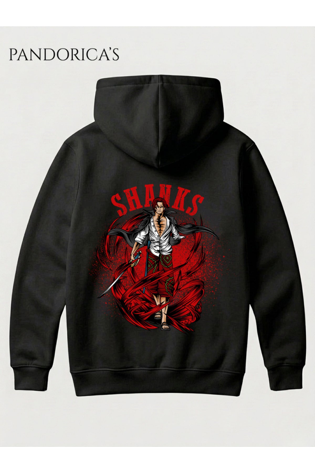 Siyah One Piece Özel Tasarım Serisi "Shanks" Yazılı Sırt Baskılı Unisex Kapüşonlu Pamuklu Sweatshirt (Hoodie) - 25