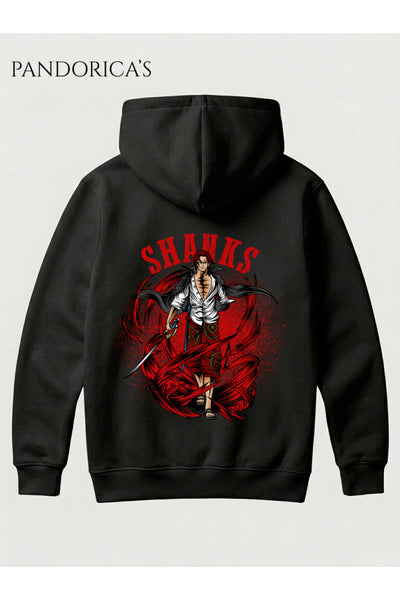 One Piece Özel Tasarım Serisi "SHANKS" Yazılı Sırt Baskılı Unisex Kapüşonlu Pamuklu Sweatshirt (Hoodie)