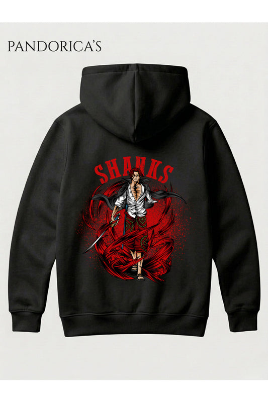 One Piece Özel Tasarım Serisi "SHANKS" Yazılı Sırt Baskılı Unisex Kapüşonlu Pamuklu Sweatshirt (Hoodie)