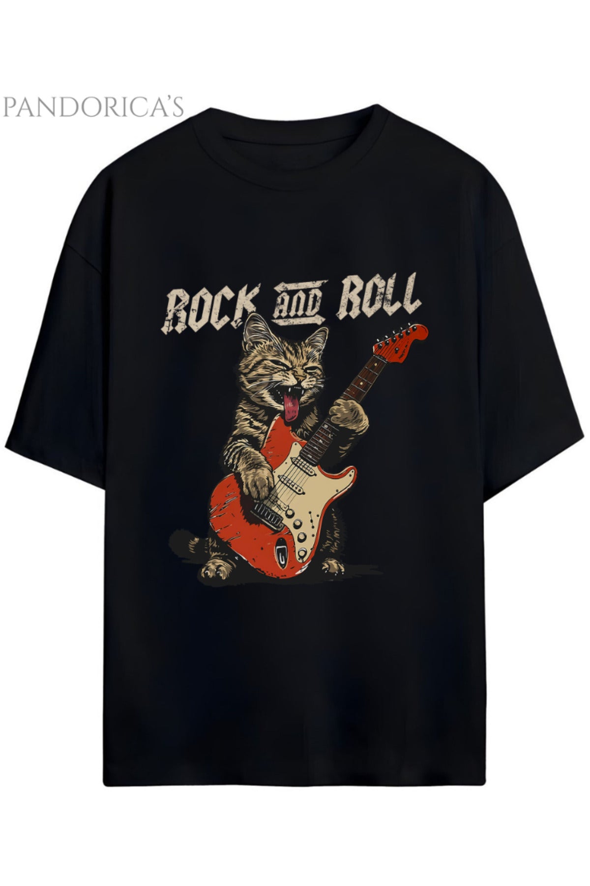 Rock&roll Yazılı Gitar Çalan Sevimli Rocker Kedi Baskılı Unisex Pamuklu Relaxed Kalıp T-Shirt