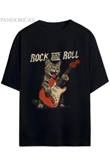 ROCK&ROLL Yazılı Gitar Çalan Sevimli Rocker Kedi Baskılı Unisex Pamuklu Relaxed Kalıp T-shirt