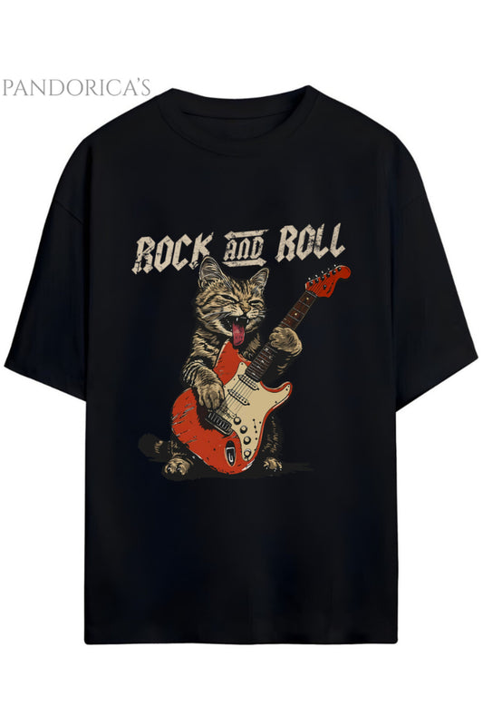 ROCK&ROLL Yazılı Gitar Çalan Sevimli Rocker Kedi Baskılı Unisex Pamuklu Relaxed Kalıp T-shirt