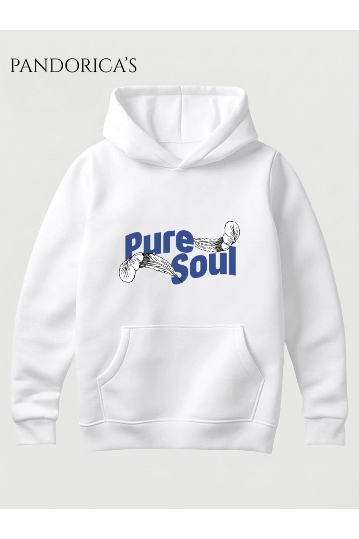 Beyaz Unisex Pure Soul Yazılı Ve Tüy Baskılı Kapüşonlu Pamuklu Sweatshirt (Hoodie) - 51