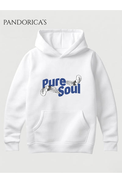 Unisex Pure Soul Yazılı Ve Tüy Baskılı Kapüşonlu Pamuklu Sweatshirt (Hoodie)