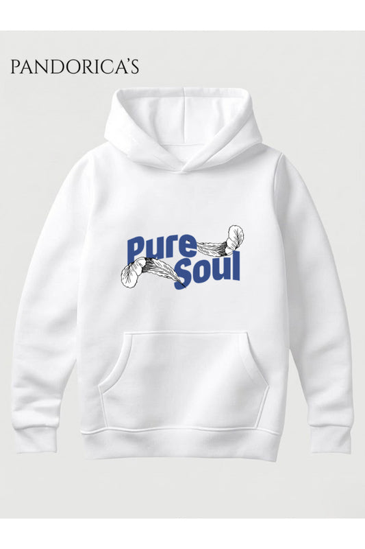 Unisex Pure Soul Yazılı Ve Tüy Baskılı Kapüşonlu Pamuklu Sweatshirt (Hoodie)