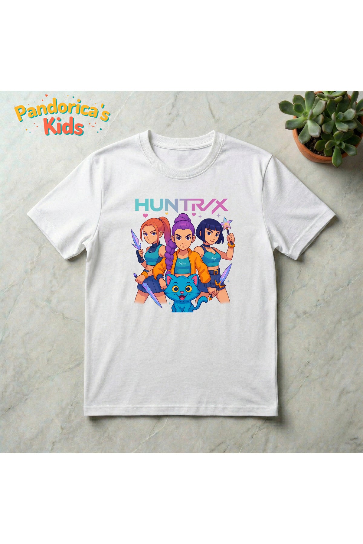 Beyaz Pandorica's Kpop İblis Avcıları (Demon Hunters) Tasarımı Pamuklu Unisex Çocuk T-Shirt - 57