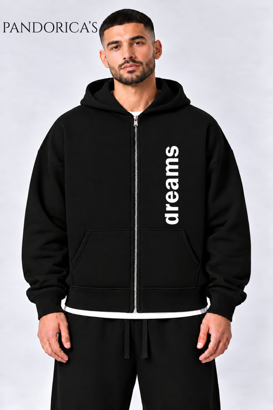 Urban Streetwear Konseptli -Statement Koleksiyonu- Dikey Yazılı Baskılı Unisex Oversize Kapüşonlu Pamuklu Fermuarlı Hırka