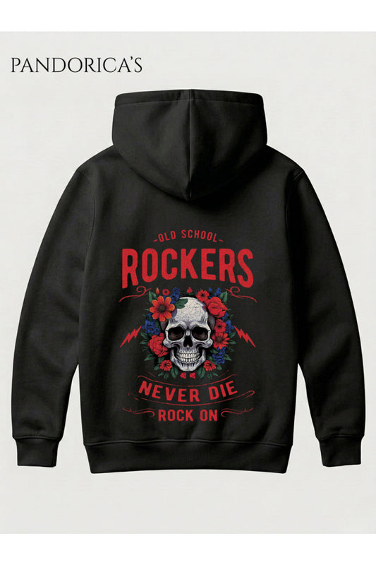 ROCK&ROLL Tasarımı "OLD SCHOOL ROCKERS NEVER DIE" Yazılı SIRT Baskılı Unisex %100 Pamuk 3 İplik Kışlık Kapüşonlu Kanguru Cepli Basic Sweatshirt (Hoodie)