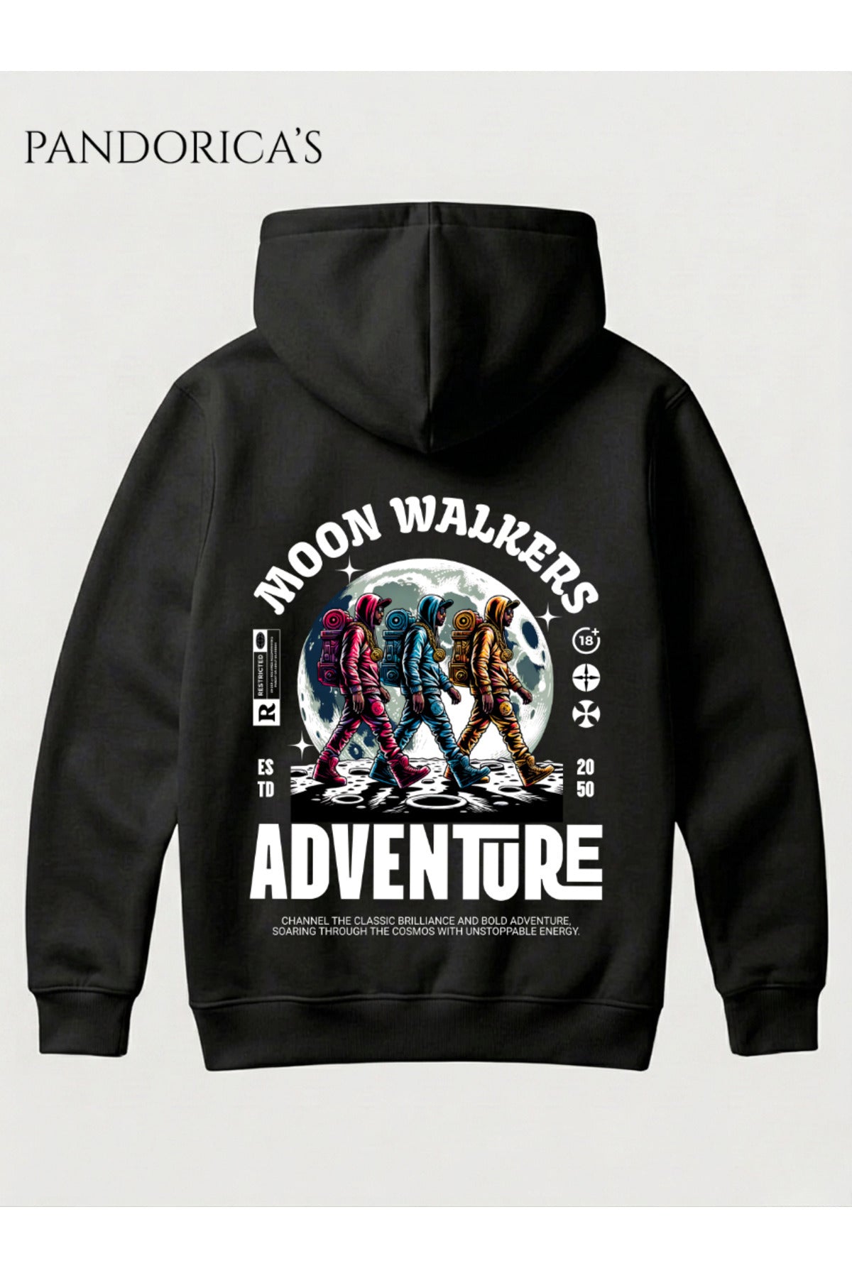 Siyah Unisex Hoodie Sweatshirt – Astronot Moon Walkers Adventure Sırt Baskılı Kapüşonlu Pamuklu Hoodie Sweat