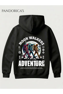 Siyah Unisex Hoodie Sweatshirt – Astronot Moon Walkers Adventure Sırt Baskılı Kapüşonlu Pamuklu Hoodie Sweat