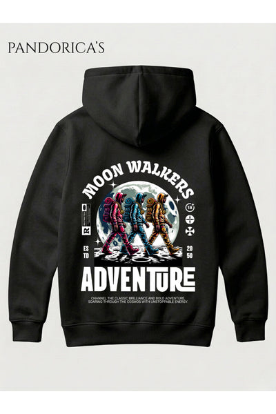 Siyah Unisex Hoodie Sweatshirt – Astronot Moon Walkers Adventure Sırt Baskılı Kapüşonlu Pamuklu Hoodie Sweat
