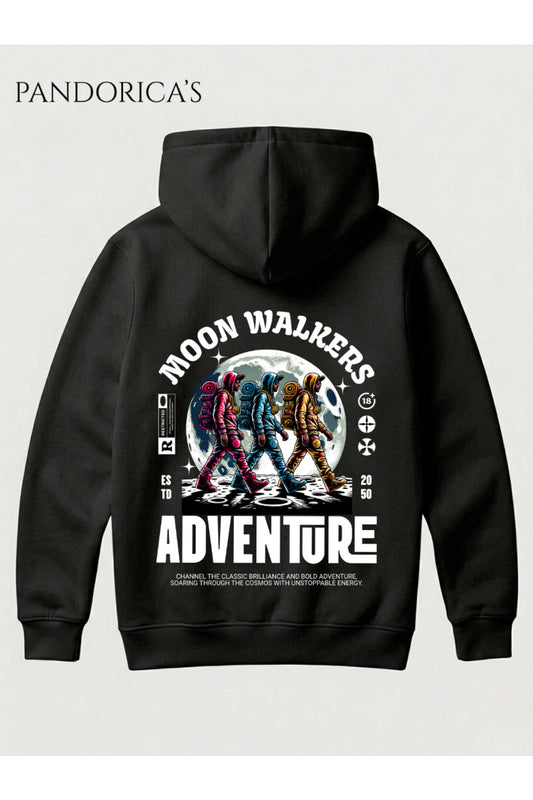 Siyah Unisex Hoodie Sweatshirt – Astronot Moon Walkers Adventure Sırt Baskılı Kapüşonlu Pamuklu Hoodie Sweat