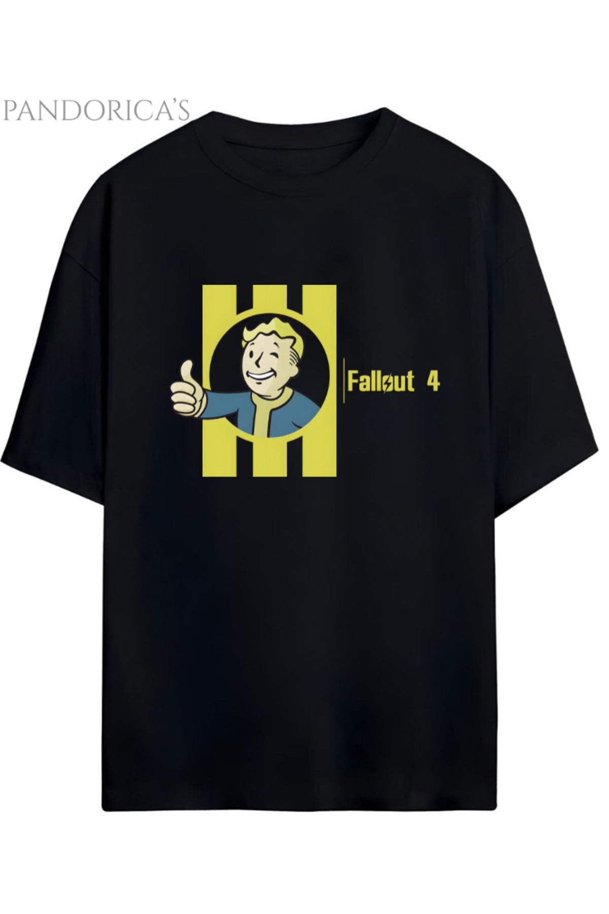 Siyah Fallout 4 Tasarımı Baskılı Yazılı Pamuklu Unisex Tişört - 1