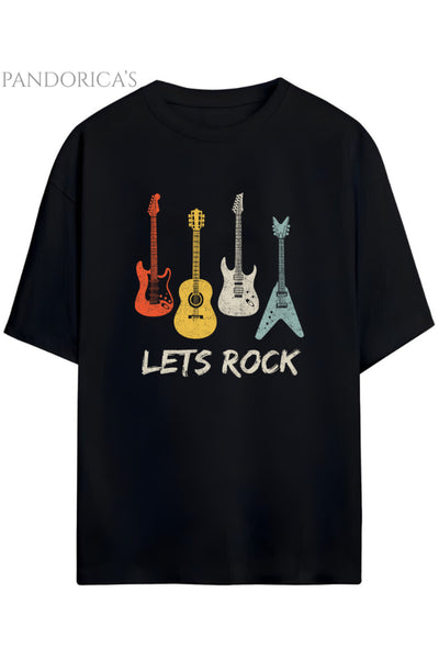 Pandorica's ROCK TASARIM SERİSİ "LET'S ROCK" Yazılı Gitar Baskılı Unisex Pamuklu T-shirt