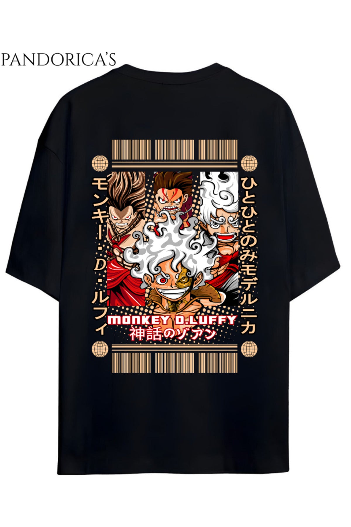 Siyah One Piece Tasarım Serisi "Monkey D. Luffy" Sırt Baskılı Yazılı Unisex Relaxed Kalıp Pamuklu T-Shirt - 180