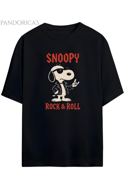 Pandorica's ROCK TASARIM SERİSİ SNOOPY ROCK&ROLL Yazılı Baskılı Unisex Pamuklu T-shirt