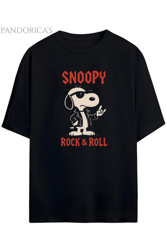 Pandorica's ROCK TASARIM SERİSİ SNOOPY ROCK&ROLL Yazılı Baskılı Unisex Pamuklu T-shirt
