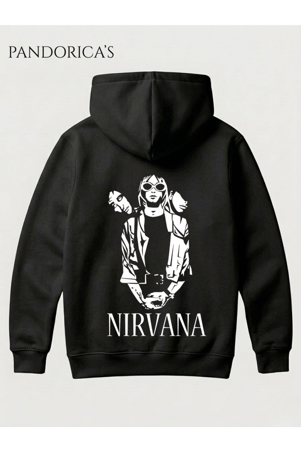 Siyah Nirvana Tasarımı Yazılı Sırt Baskılı Unisex Kapüşonlu Pamuklu Sweatshirt Kanguru Cep Hoodie - 6