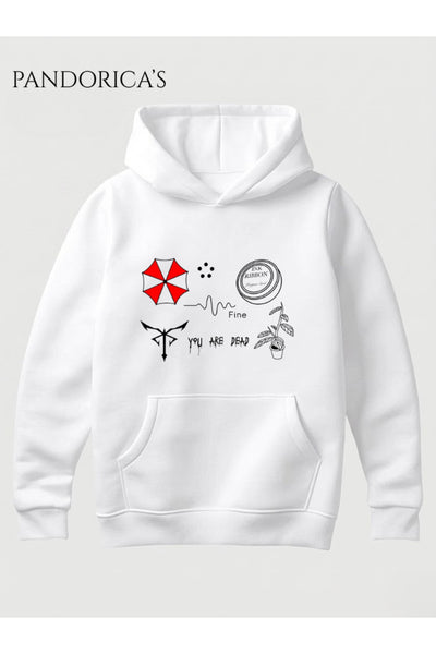 RESIDENT EVIL "INK RIBBON" ve İkonik Semboller Tasarımı Yazılı Baskılı Unisex Kapüşonlu Pamuklu Gamer Sweatshirt Hoodie