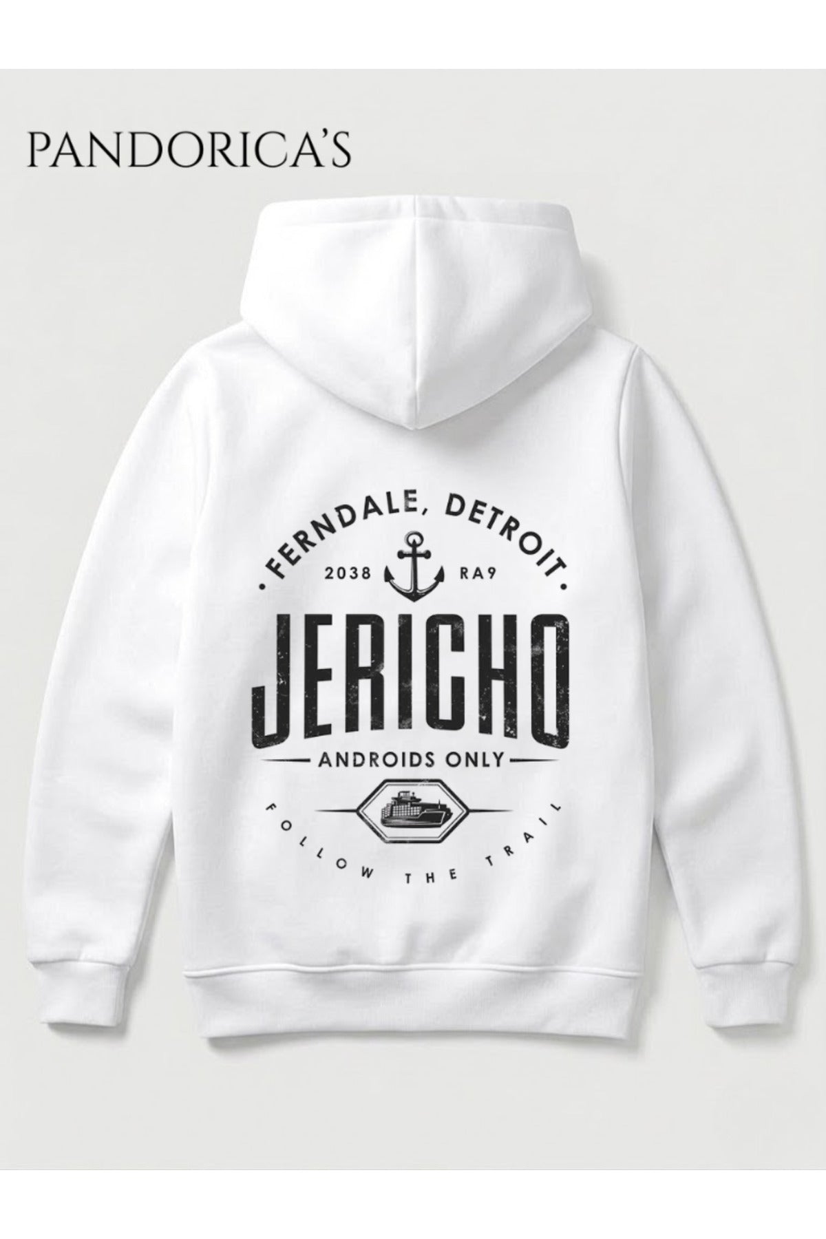 Detroit:become Human Tasarımı "Jericho Follow The Trails" Yazılı Sırt Baskılı Unisex Kapüşonlu Pamuklu Sweatshirt Hoodie