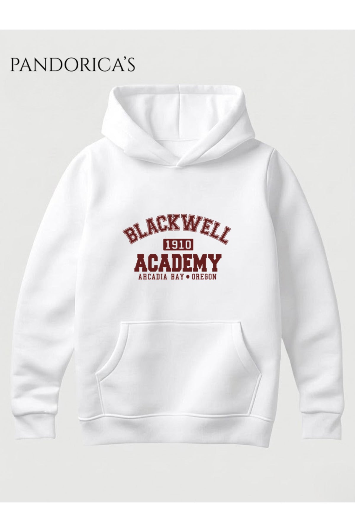 Beyaz Life Is Strange Tasarımı "Blackwell Academy Arcadia Bay" Yazılı Baskılı Unisex Kapüşonlu Pamuklu Sweatshirt Hoodie - 15