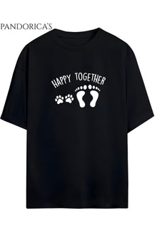 "HAPPY TOGETHER" Yazılı Köpek Pati Baskılı Unisex Pamuklu Tişört