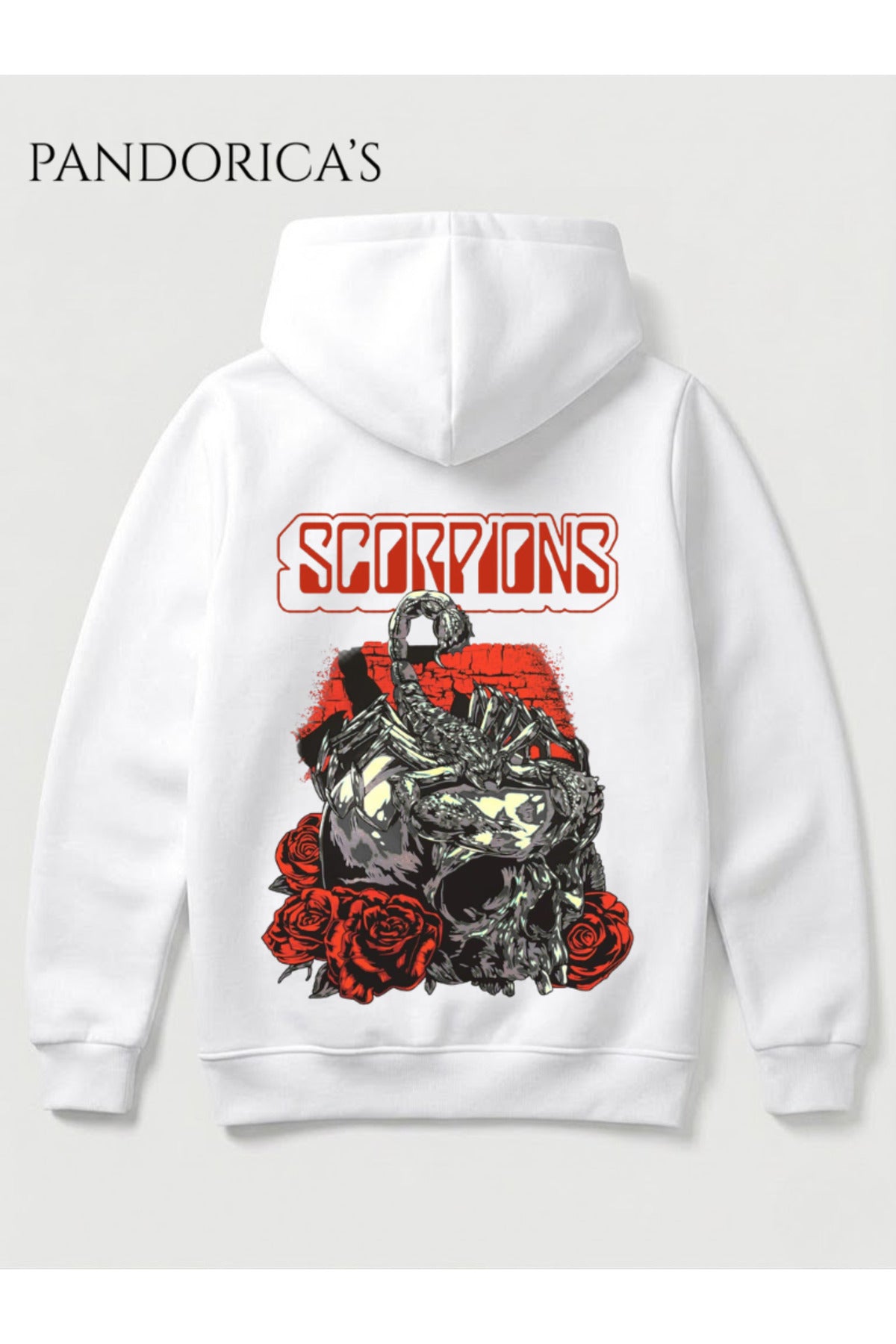 Beyaz Scorpions Tasarımı Yazılı Sırt Baskılı Unisex Kapüşonlu Pamuklu Kanguru Cepli Sweatshirt Hoodie - 87