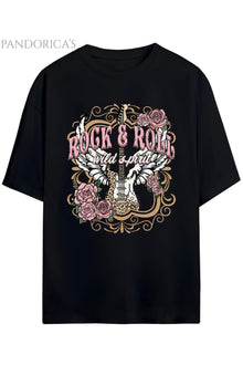 Pandorica's ROCK TASARIM SERİSİ ROCK&ROLL Yazılı Gitar Baskılı Unisex Pamuklu T-shirt