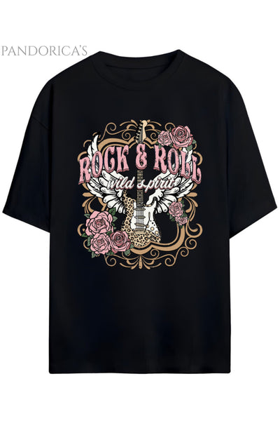 Pandorica's ROCK TASARIM SERİSİ ROCK&ROLL Yazılı Gitar Baskılı Unisex Pamuklu T-shirt
