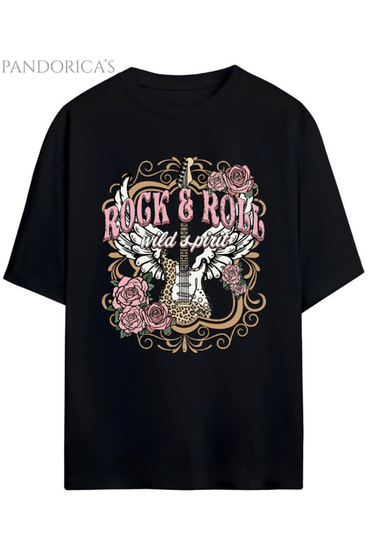 Pandorica's ROCK TASARIM SERİSİ ROCK&ROLL Yazılı Gitar Baskılı Unisex Pamuklu T-shirt