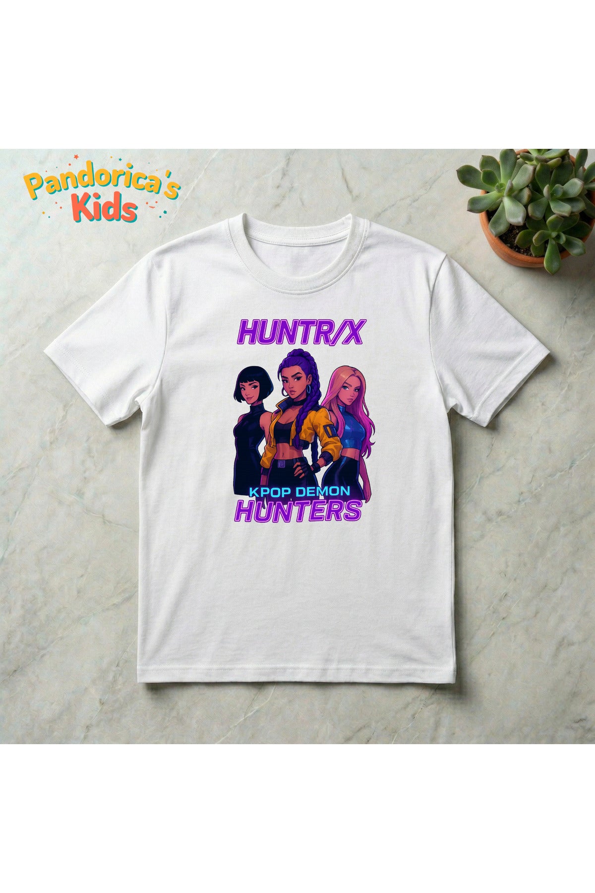 Beyaz Pandorica's Kpop İblis Avcıları (Demon Hunters) Tasarımı Pamuklu Unisex Çocuk T-Shirt - 240