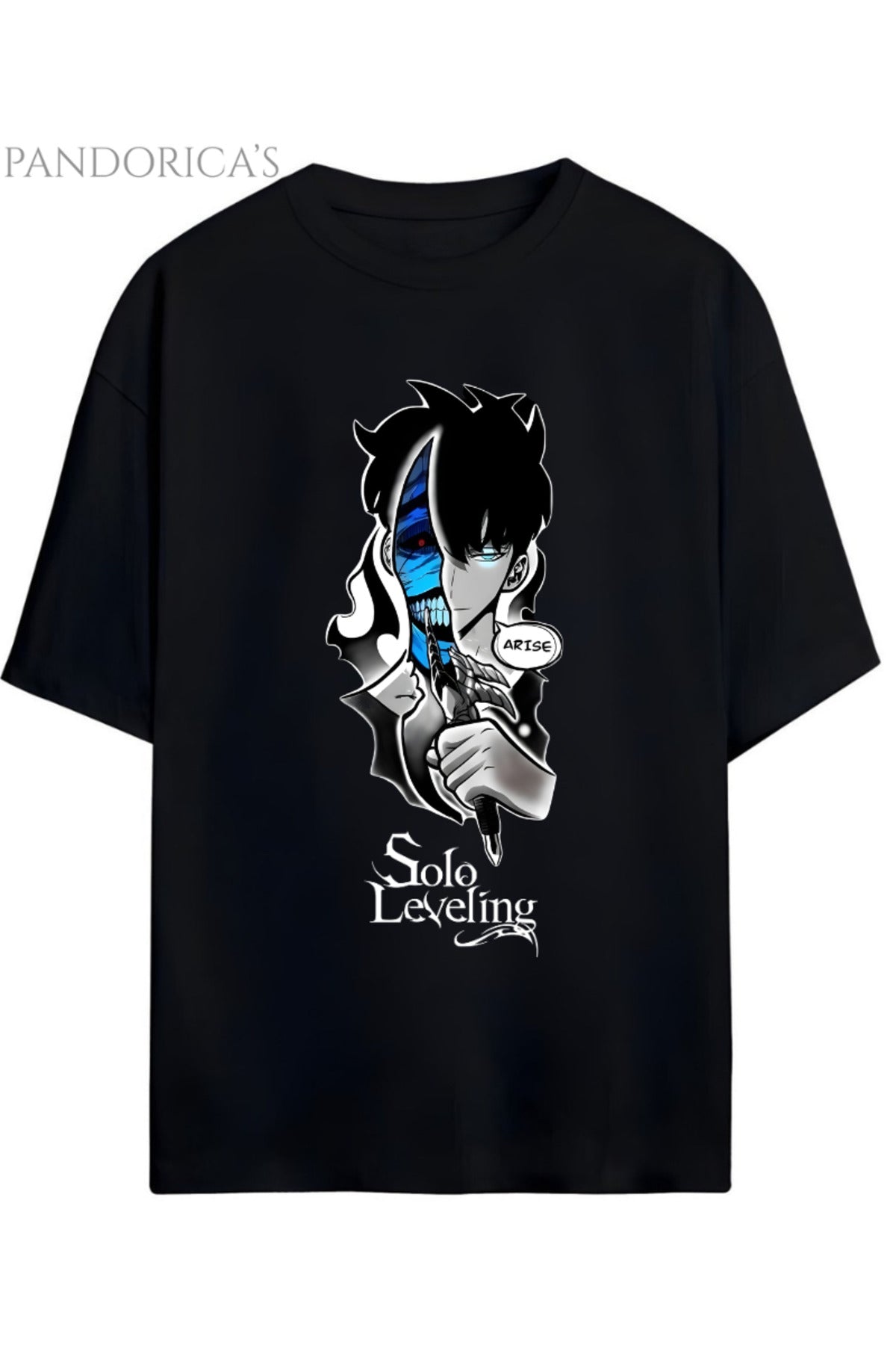 Siyah Solo Leveling Tasarım Serisi "Arise" Yazılı Baskılı Pamuklu Unisex Tişört - 5