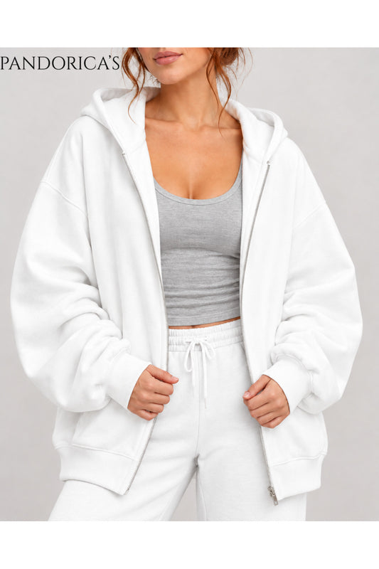 Unisex Relaxed Baskısız Basic İçi Şardonlu Kapüşonlu Fermuarlı Sweatshirt Hırka