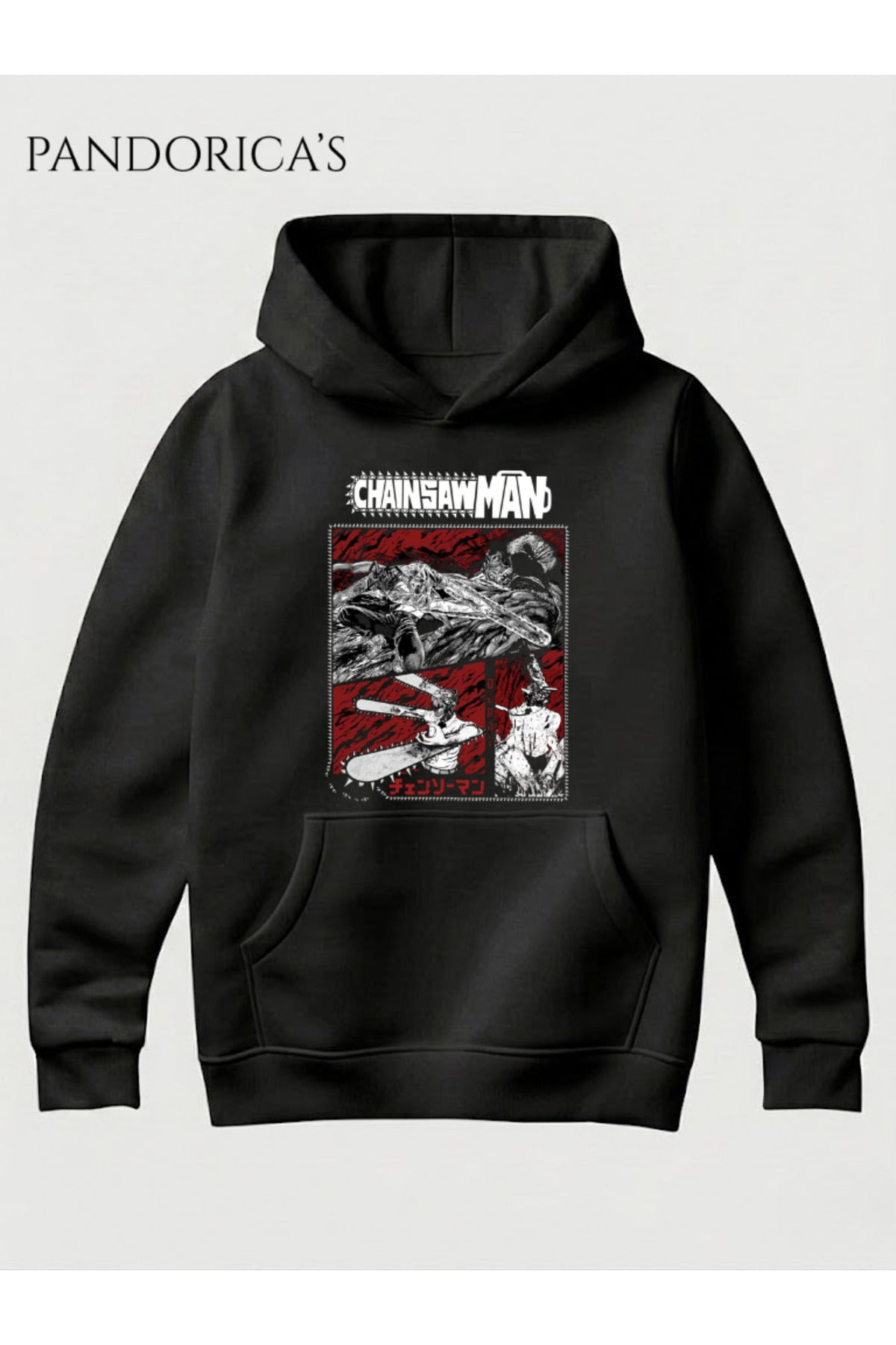 Siyah Chainsaw Man Anime Manga Tasarım Serisi Yazılı Baskılı Unisex Kapüşonlu Pamuklu Sweatshirt Hoodie - 6