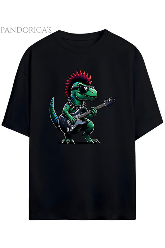 Pandorica's ROCK TASARIM SERİSİ Punk Dinazor Baskılı Unisex Relaxed Kalıp Pamuklu T-shirt
