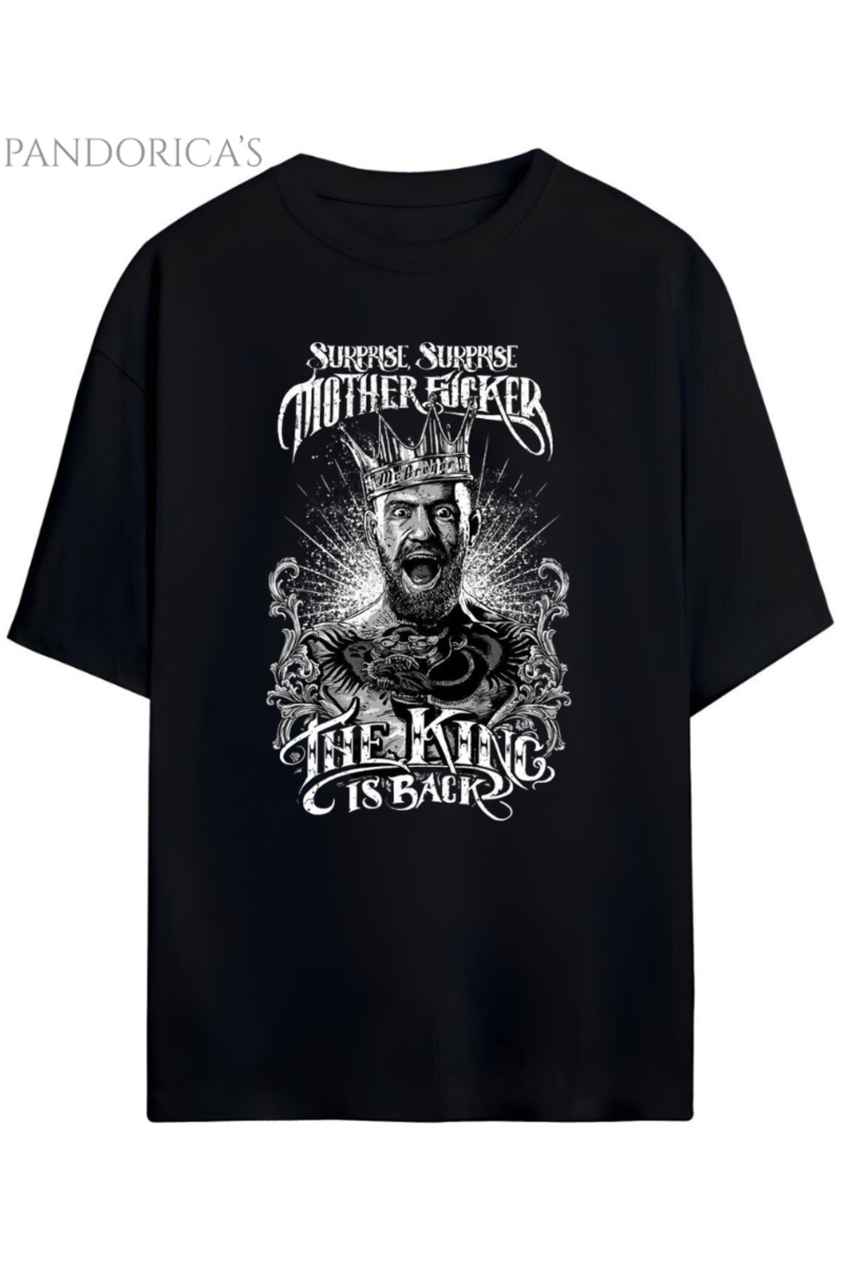 Pandorica's UFC Mma Conor McGregor Tasarımı "The King" Yazılı Baskılı Unisex Pamuklu T-Shirt