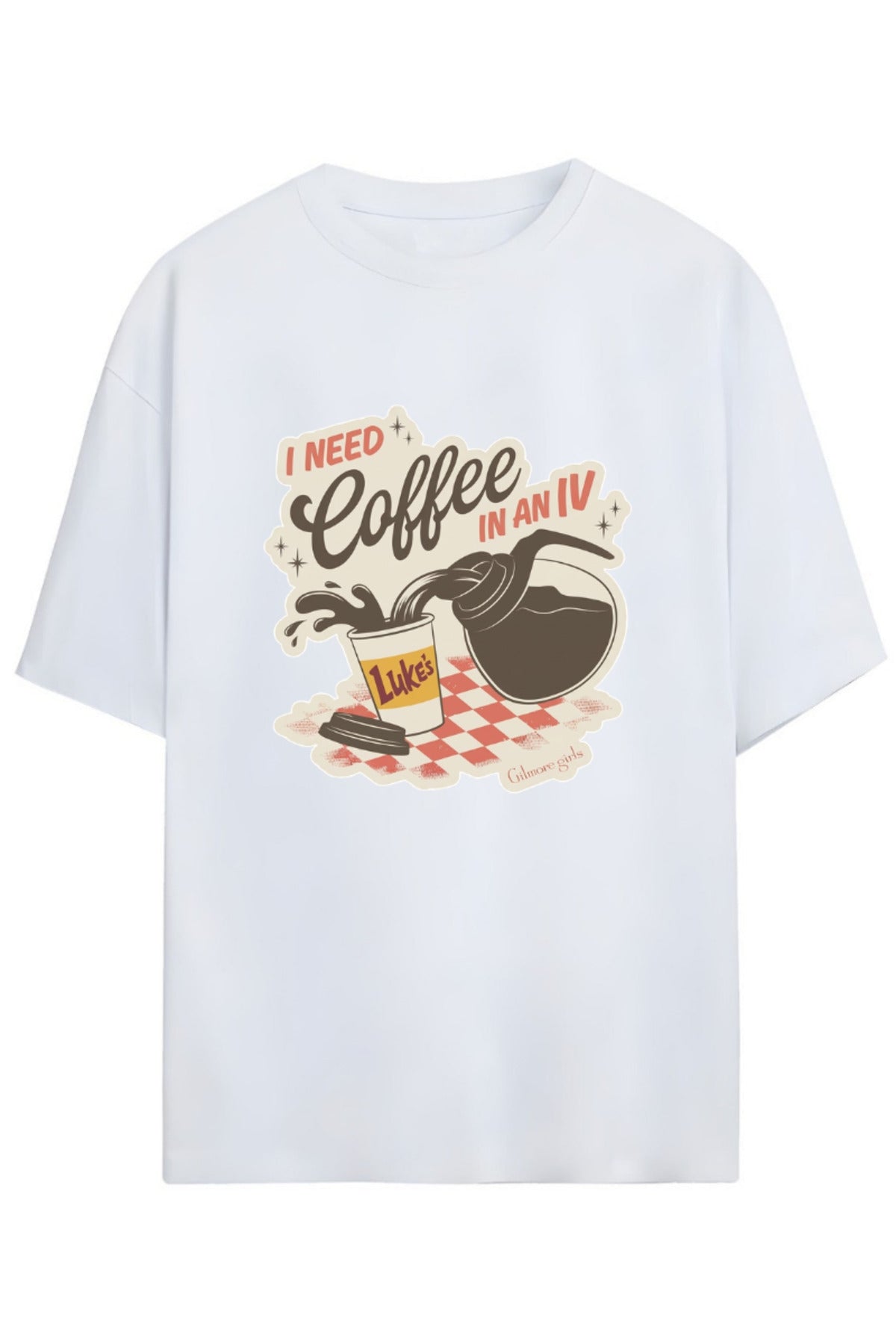 Beyaz Gilmore Girls Tasarım Serisi "I Need Coffee In Iv" Yazılı Baskılı Pamuklu Unisex Tişört - 1