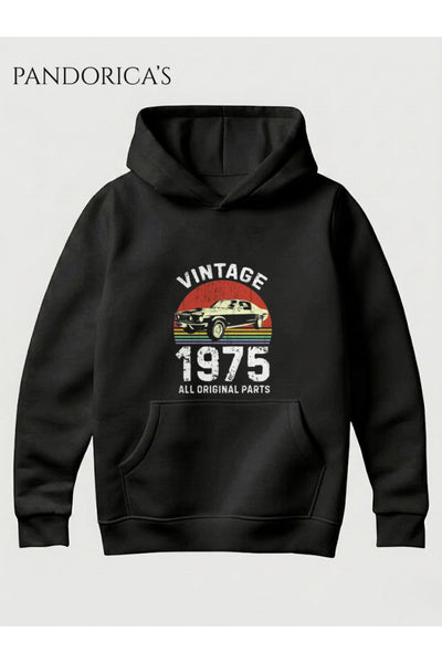 VINTAGE 1975 DOĞUM YILI YAZILI BASKILI RETRO TASARIM UNISEX KAPÜŞONLU PAMUKLU SWEATSHIRT HOODIE