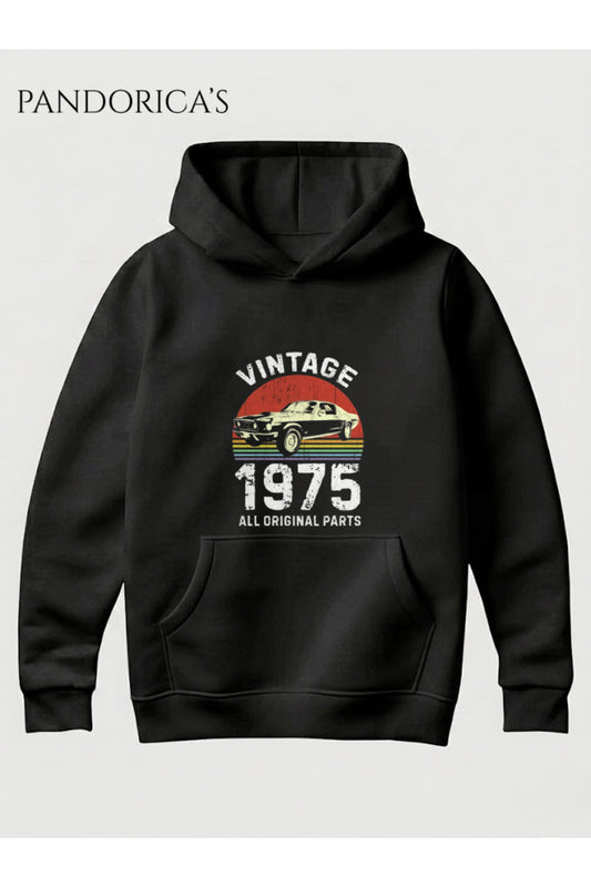 VINTAGE 1975 DOĞUM YILI YAZILI BASKILI RETRO TASARIM UNISEX KAPÜŞONLU PAMUKLU SWEATSHIRT HOODIE