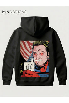 The Boys HOMELANDER Tasarımı " milk? " Yazılı SIRT ve ÖN Baskılı Unisex Kapüşonlu Pamuklu Sweatshirt Hoodie