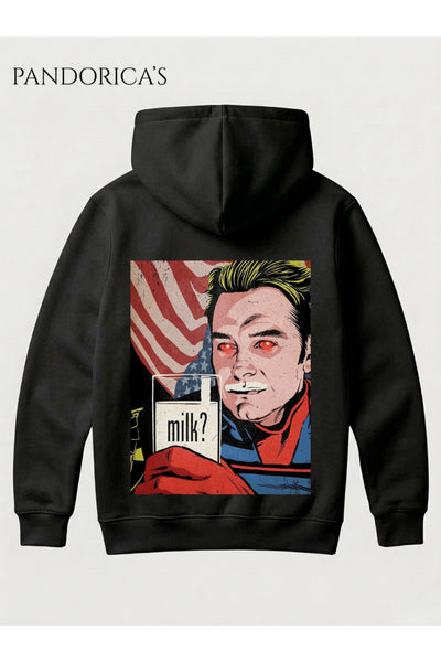 The Boys HOMELANDER Tasarımı " milk? " Yazılı SIRT ve ÖN Baskılı Unisex Kapüşonlu Pamuklu Sweatshirt Hoodie