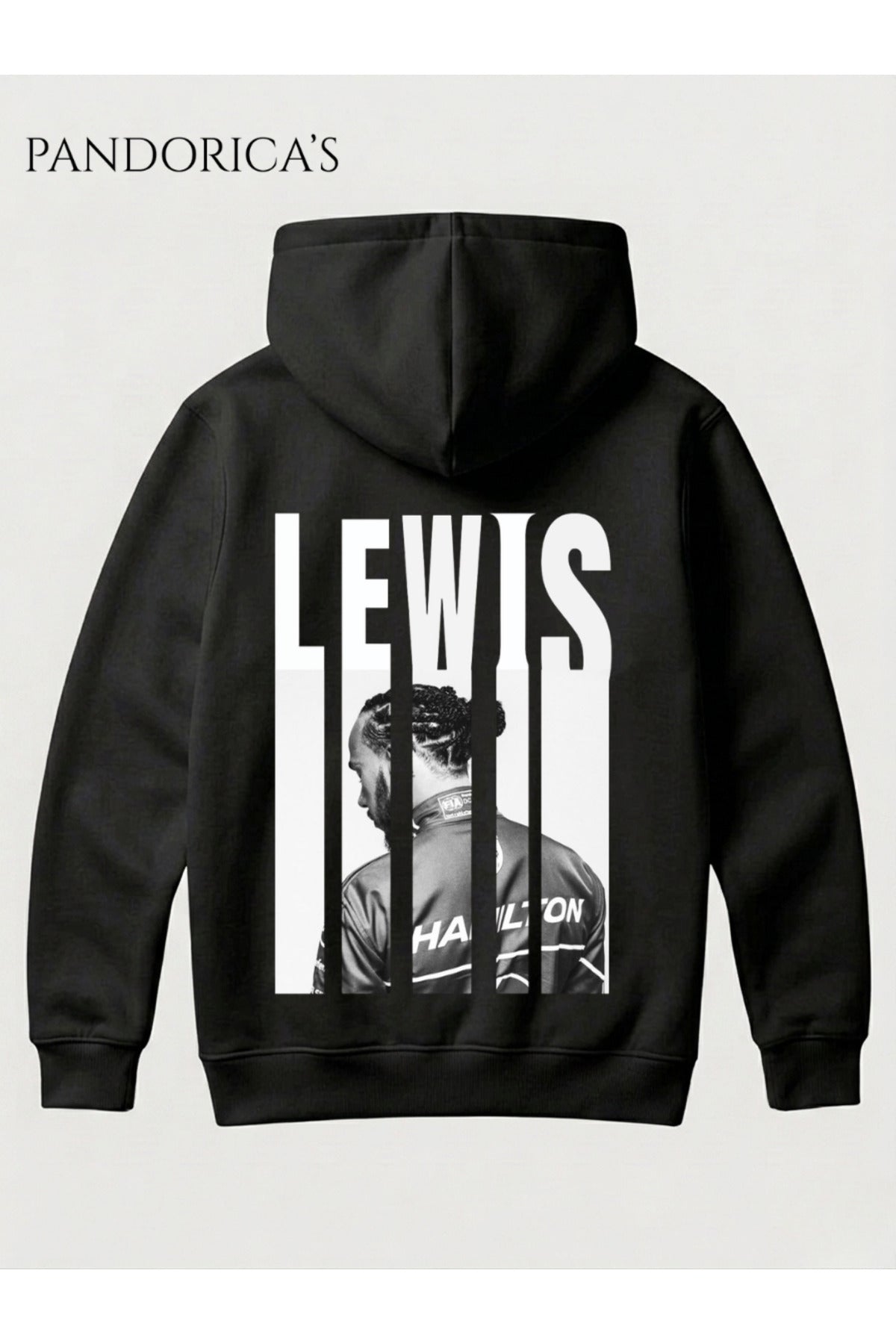 Siyah Lewis Hamilton 44 Tasarımı Sırt Ve Göğüs Baskılı Unisex Kapüşonlu Pamuklu Sweatshirt (Hoodie) - 9