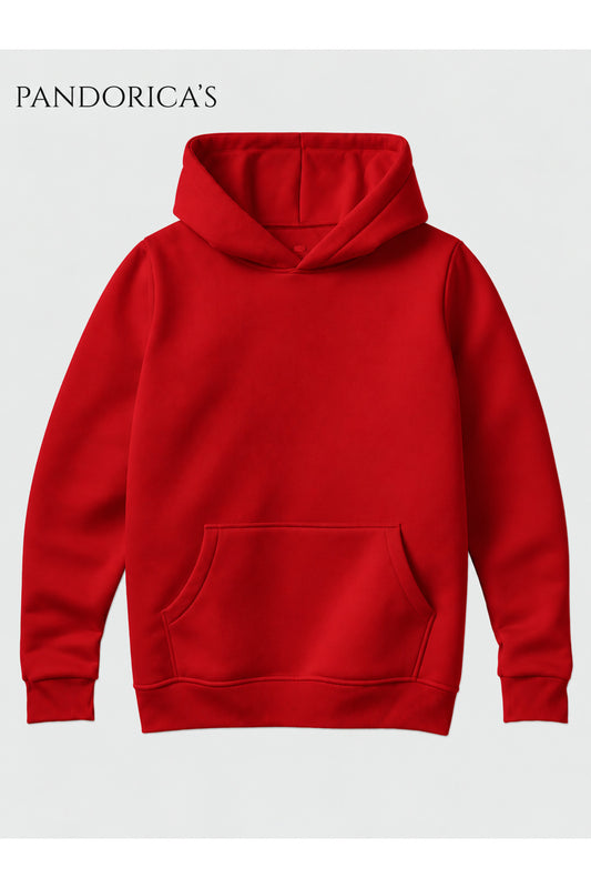 Unisex Kırmızı %100 Pamuk 3 İplik Kışlık Kapüşonlu Kanguru Cepli Basic Sweatshirt (Hoodie)