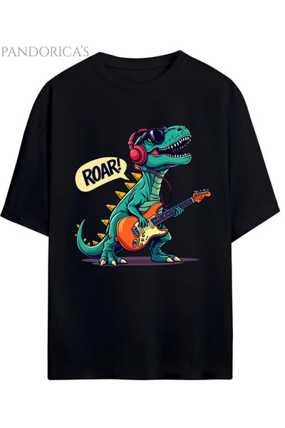 DİNO Tasarım Serisi Rocker Dino "ROAR STAR" Dinazor Baskılı Yazılı Pamuklu Unisex Tişört